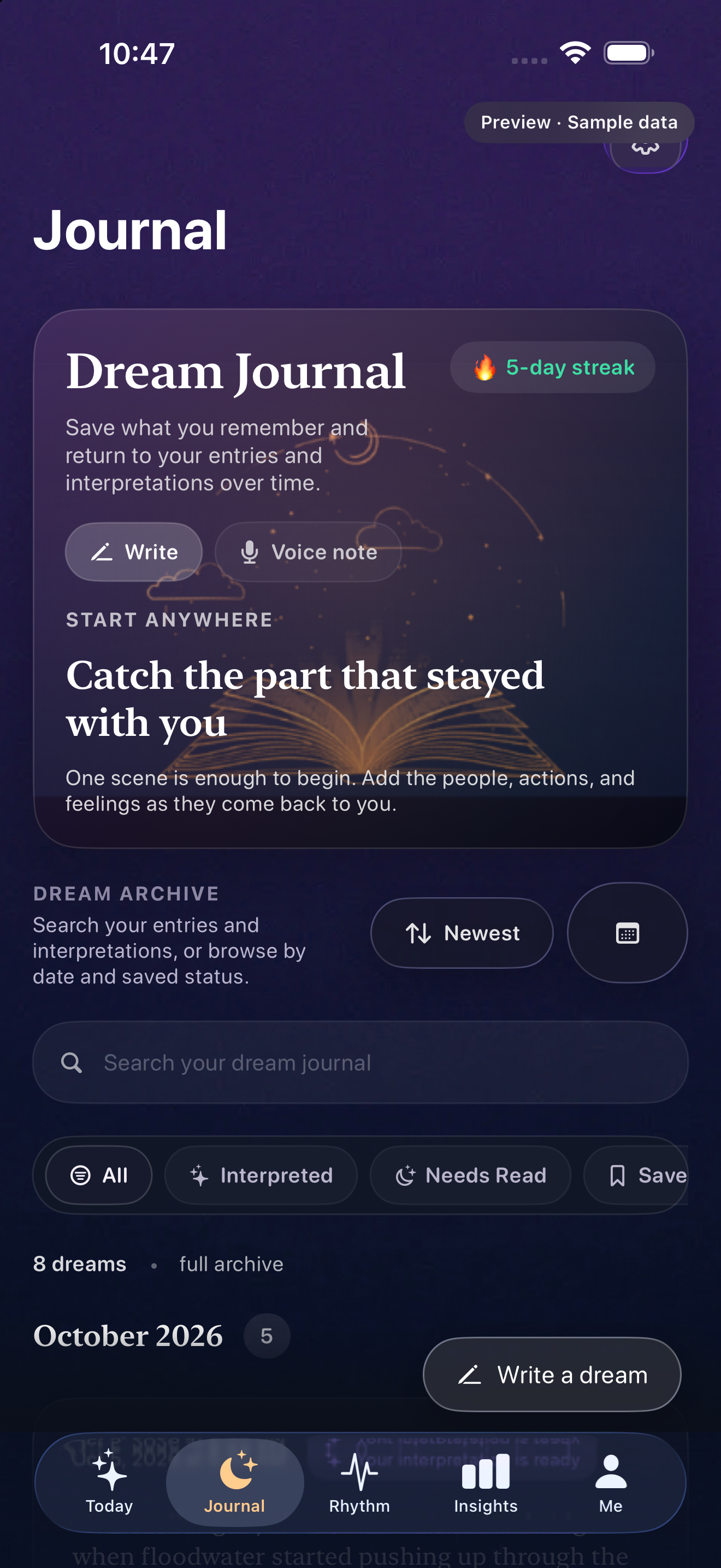 Dreamline Journal screen.